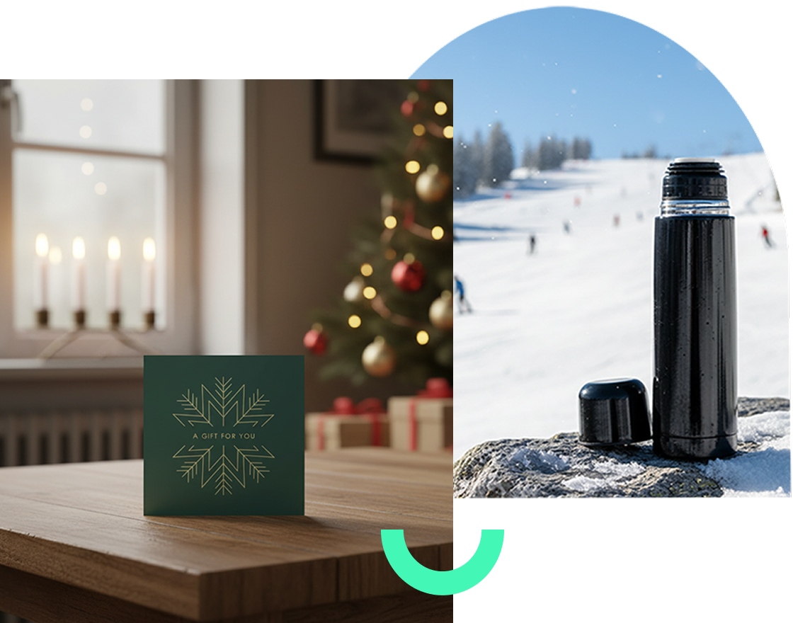 Ett grönt presentkort framför en julgran till vänster, och en svart termos i en skidbacke till höger.